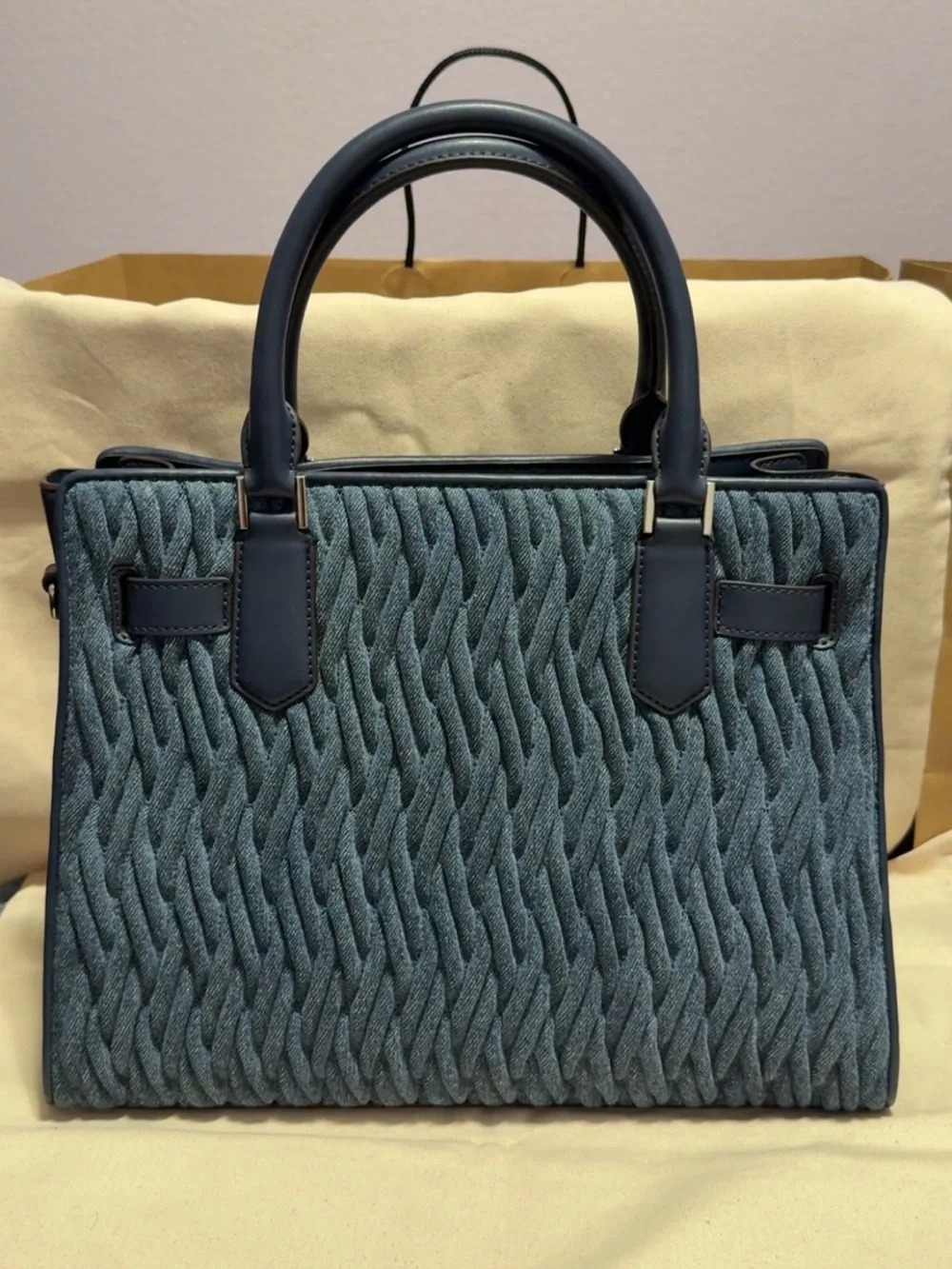 Michael Kors Navy Denim Satchel with Lock and Key Charms